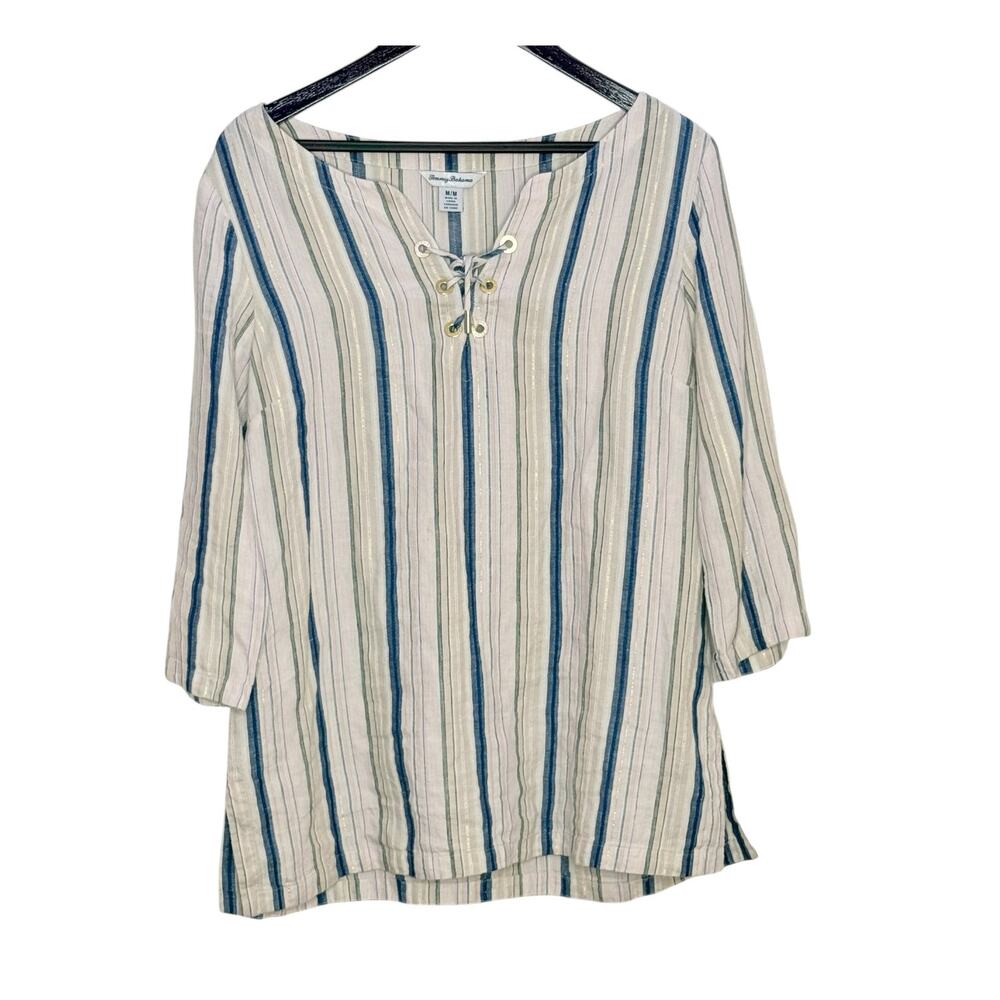 Tommy Bahama Linen Striped Blue Cream Top Coastal Beachy Resort Relaxed Medium